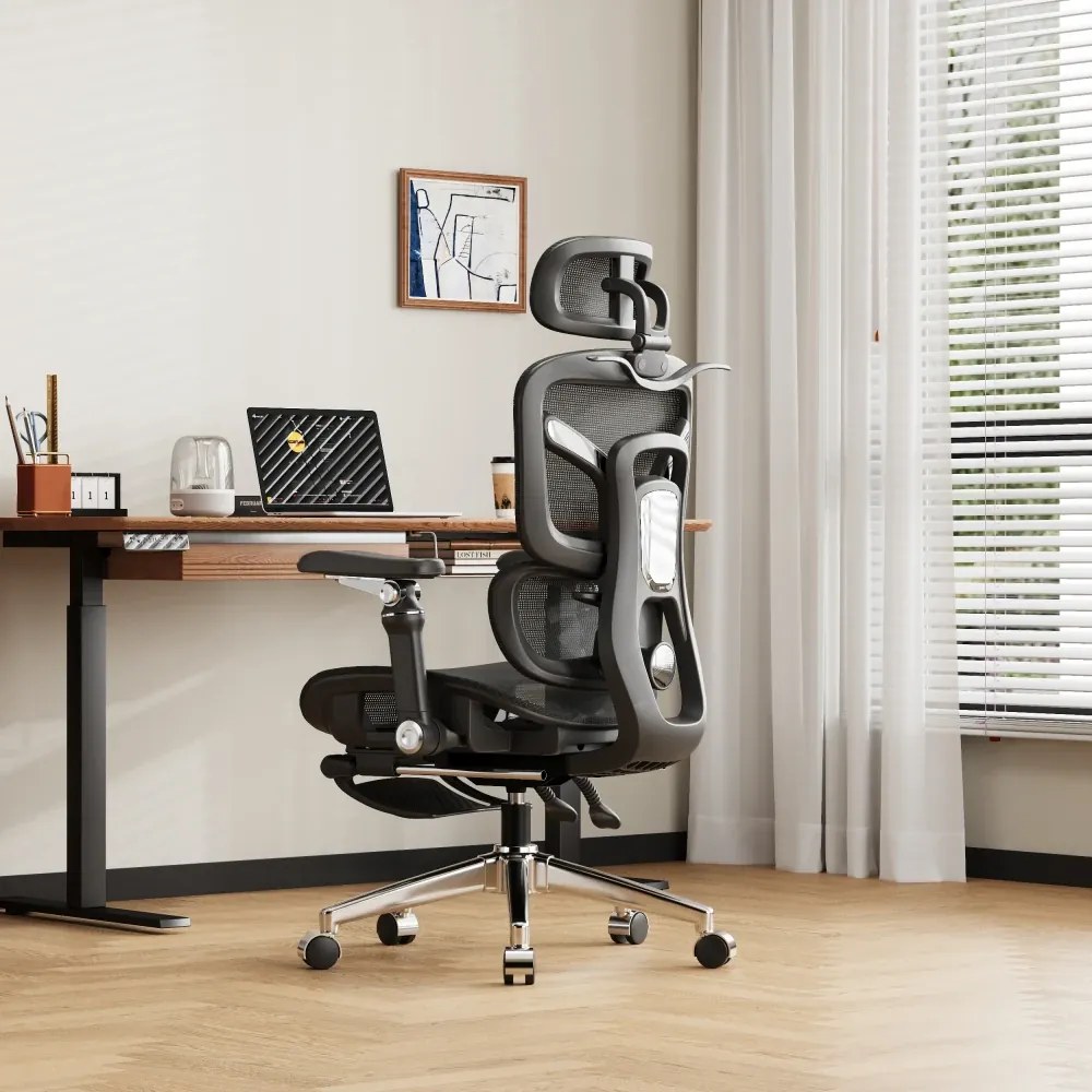 NEXORA – Scaun ergonomic, suport lombar 3D adaptiv, tetieră 4D, cotiere 9D, șezut glisant, recliner 135°, suport pentru picioare, bază metalică, Mesh, Negru