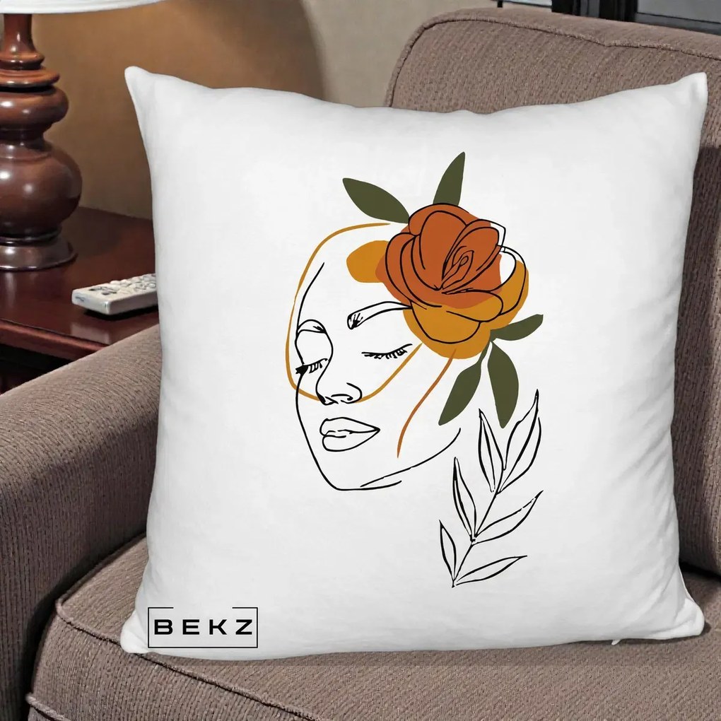 Perna Decorativa Portret Feminin Trandafir Ruginiu, 40x40 cm, Alb Pufos, Husa Detasabila, Perna Inclusa, BEKZ®