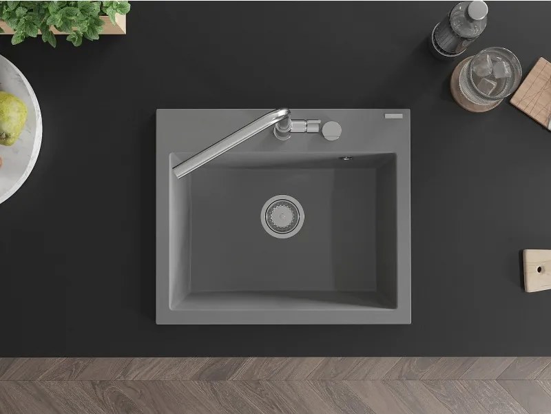 Mexen Oscar chiuvetă de bucătărie din granit cu 1 cuvă 580 x 490 mm, gri, sifon crom - 6519581000-71