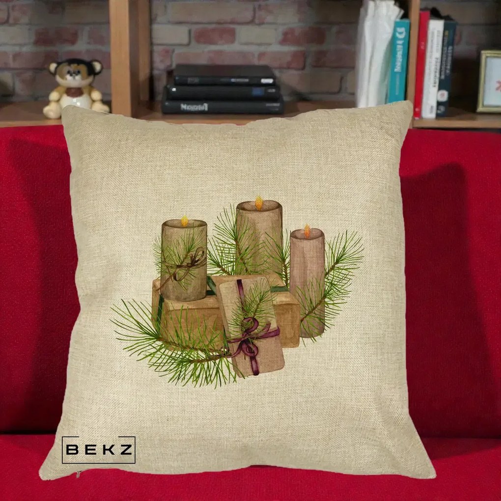 Perna Decorativa Lumanari cu Cadouri Naturale, 40x40 cm, Crem, Husa Detasabila, Perna Inclusa, BEKZ®