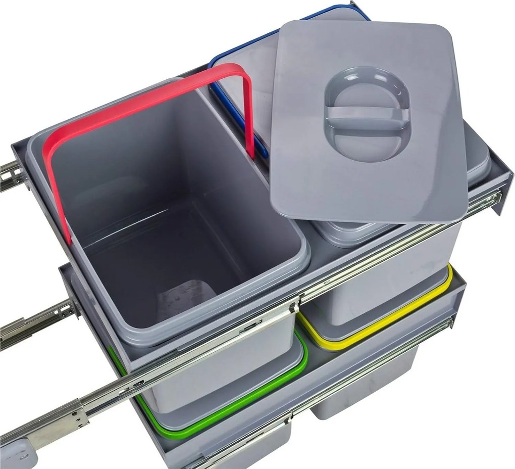 Cos gunoi incorporabil Ecomax Tandem Short 40, colectare selectiva, gri, 2 x 15 l + 2 x 12 l Polipropilena Metal, 400 mm, L:355 mm; A:485 mm; H:604