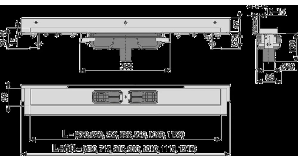 Dus Flexible Low 105 cm, cu guler reglabil la perete, scurgere verticala, otel inoxidabil 1050 mm