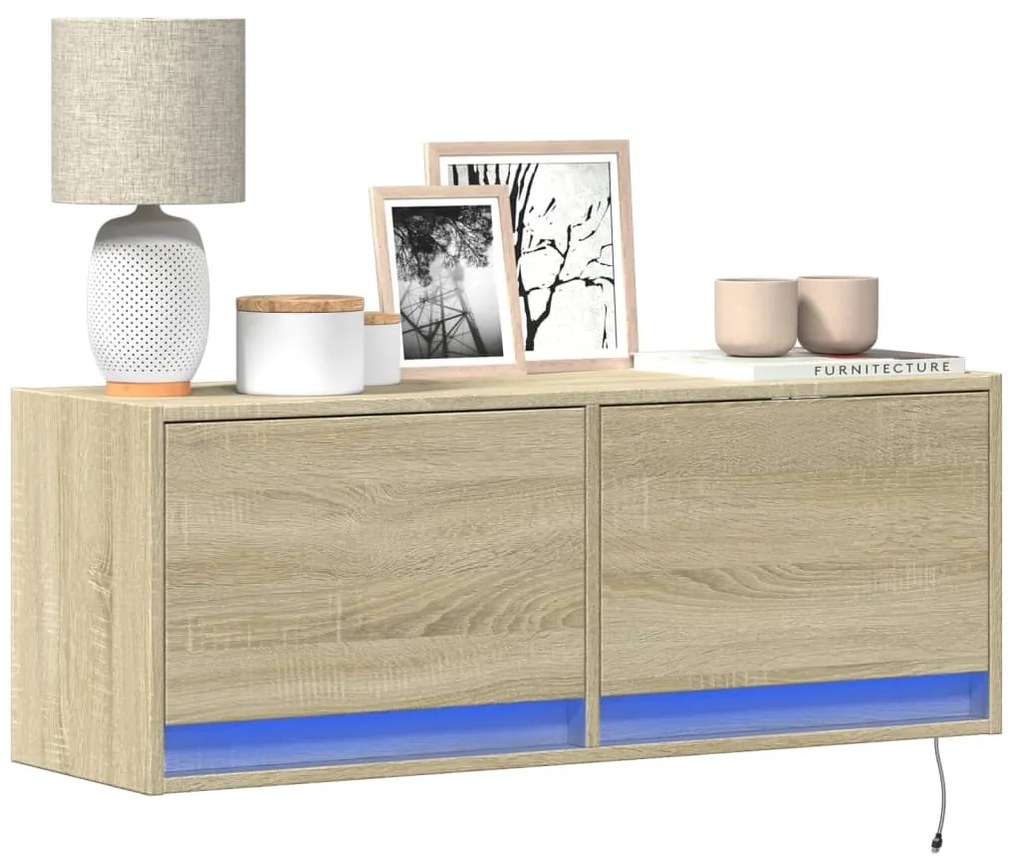 vidaXL Comodă TV de perete cu lumini LED, stejar sonoma, 100x31x38 cm