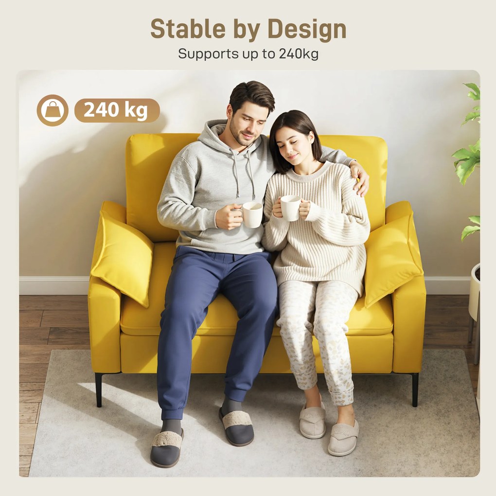 HOMCOM Divan cu Două Locuri Îmbunătățit în Material Textil de Tip Spugna cu Perne Detașabile, Divan Compact Modern cu Brațe și Picioare Metalice pentru Sufragerie, Dormitor, 130x77x84 cm, Galben | Aosom Romania