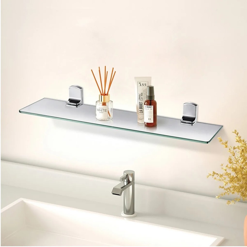 Etajeră de perete din sticlă Spirella Taku 60 cm, oțel inoxidabil lucios