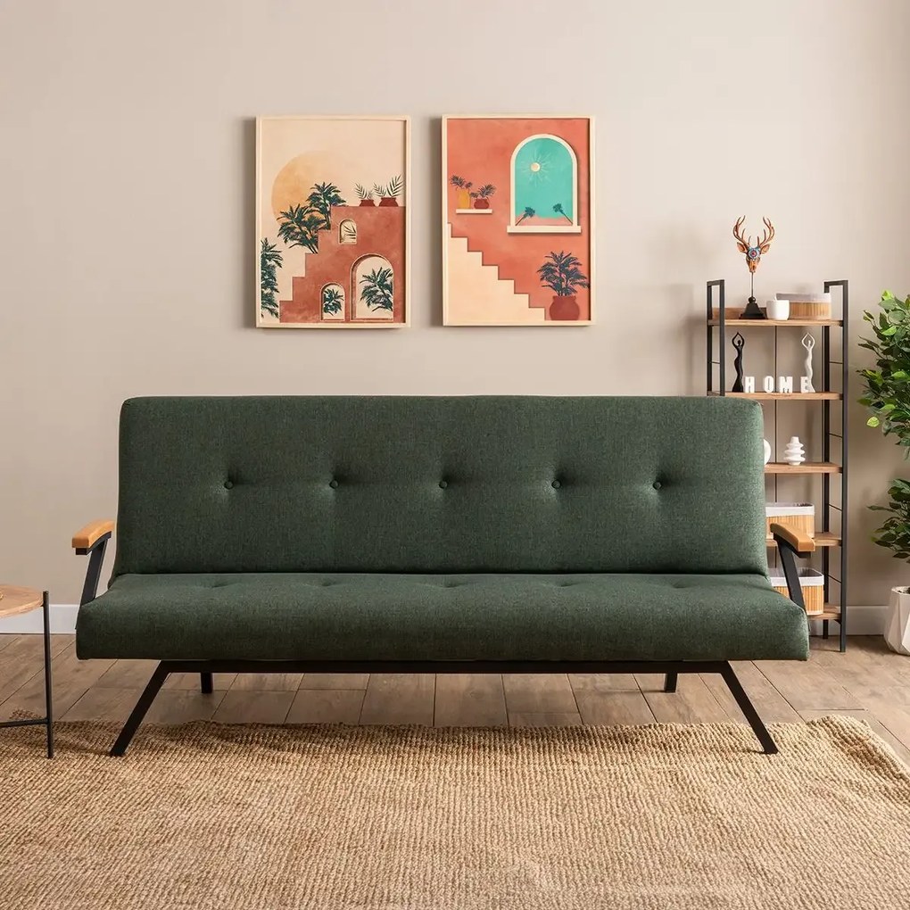 Canapea extensibilă 2 locuri modernă, 180x100 cm – stofă verde &amp; metal negru – Newyork