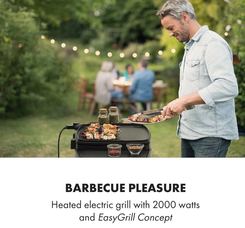 Klarstein Gatsby, grill electric, 2000 W, grilaj antiaderent, măsuțe laterale, negru