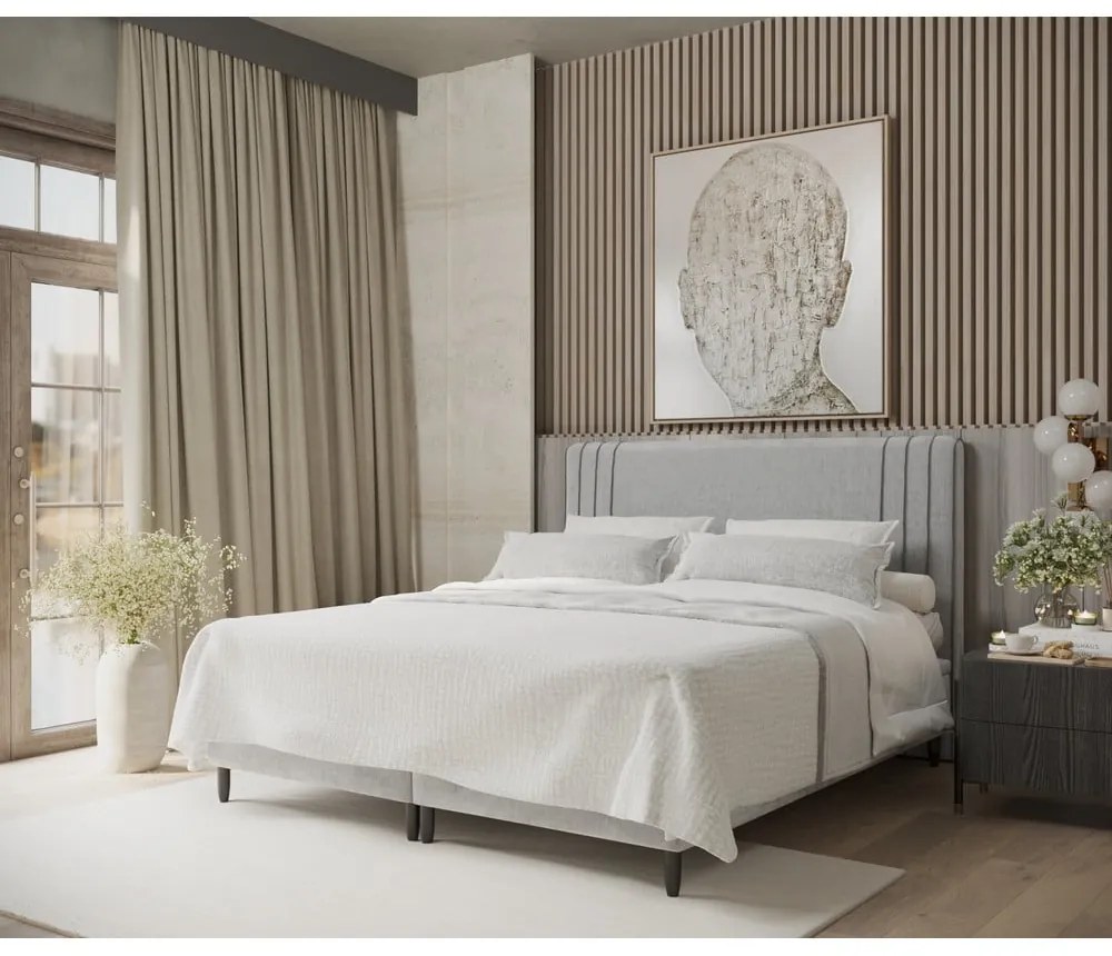 Pat matrimonial gri tapițat cu spațiu de depozitare 160x200 cm Musca – Maison de Rêve