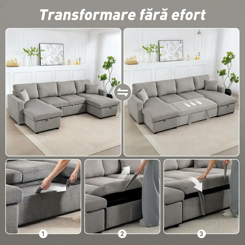 HOMCOM Canapea Extensibilă Modernă în Formă de U și Spații de Depozitare, Catifea Reiată, 282x140x86 cm, Gri | Aosom Romania