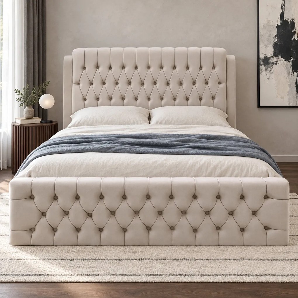 Pat tapițat din catifea Aveline 140×200 cm, crem, cu ladă de depozitare