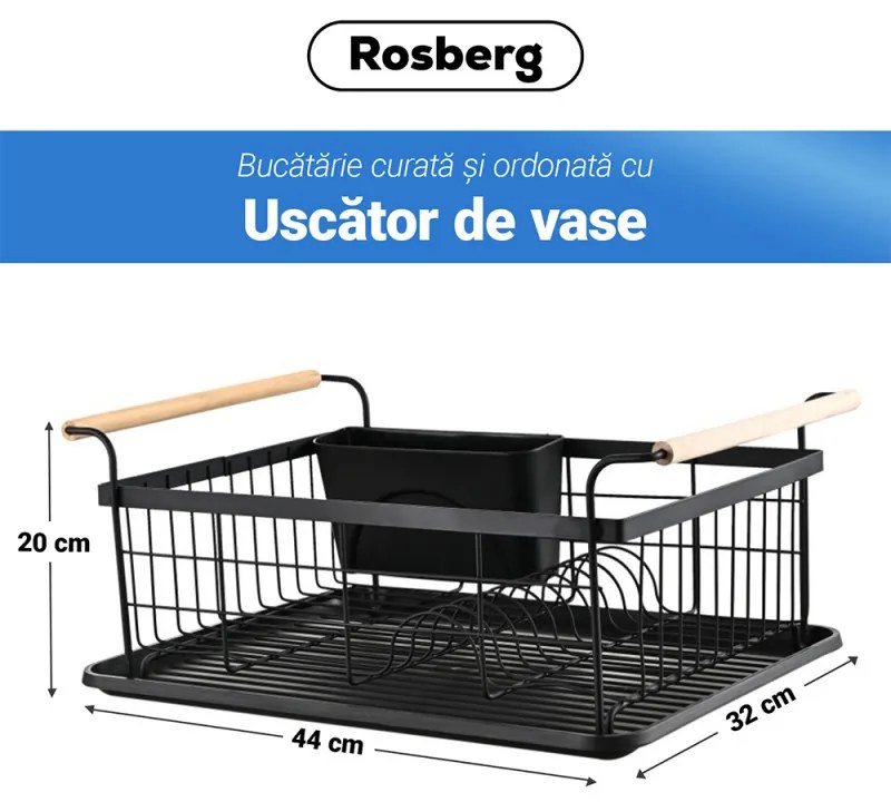 Uscator de vase Rosberg R53000L, 44x32x20 cm, Suport pentru ustensile, Negru