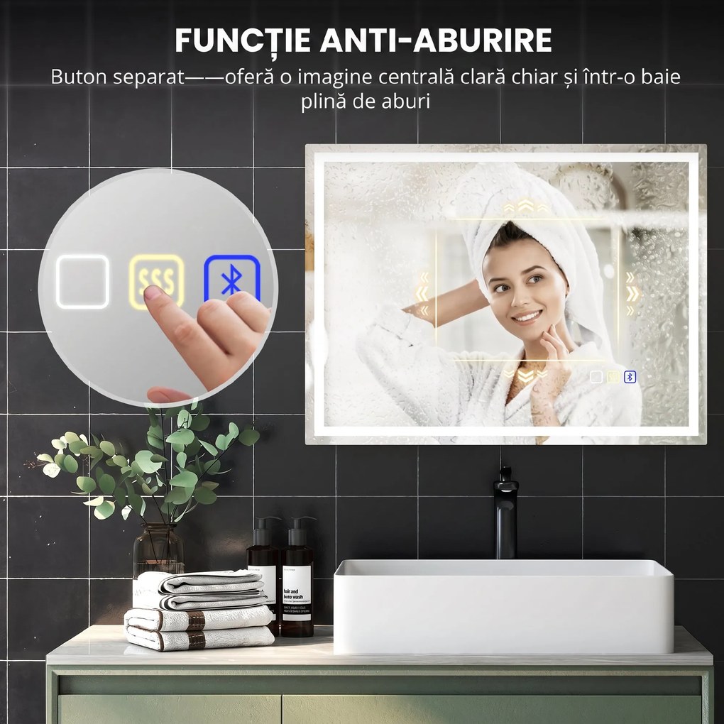 HOMCOM Oglindă Baie Anti-aburire Con Lumină Led E Difuzor Bluetooth 80x60 cm | Aosom Romania