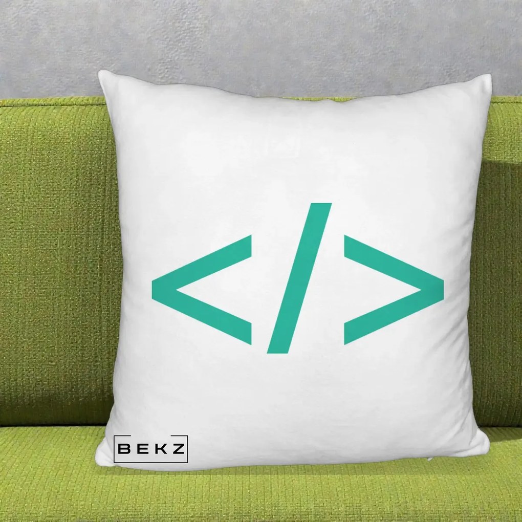 Perna Personalizata Cod HTML Turcoaz, 40x40 cm, Alb Pufos, Husa Detasabila, Perna Inclusa, BEKZ®