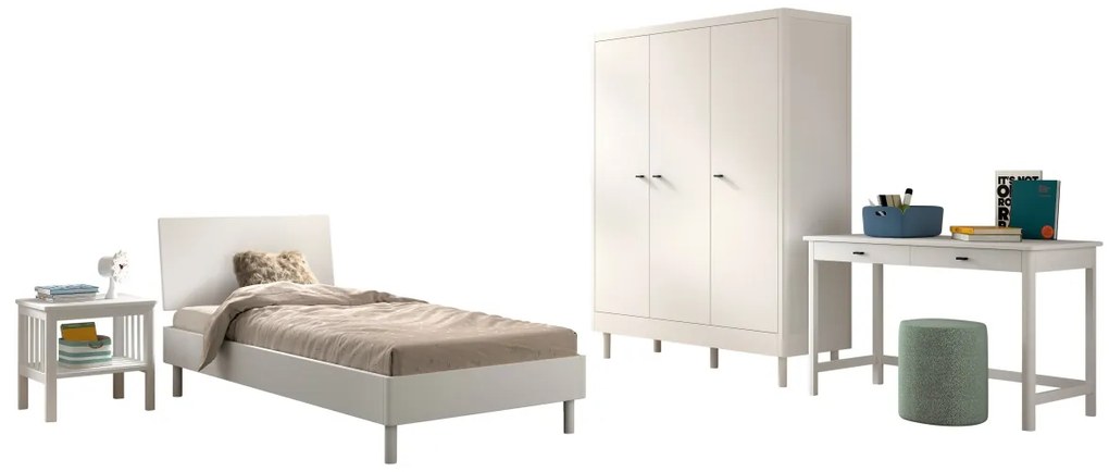 Set Complet Mobilier Camera Copii Forrest Beech, Pat 90x200 cm, Dulap, Noptieră și Birou, din Lemn de Fag Lăcuit Alb – Vipack