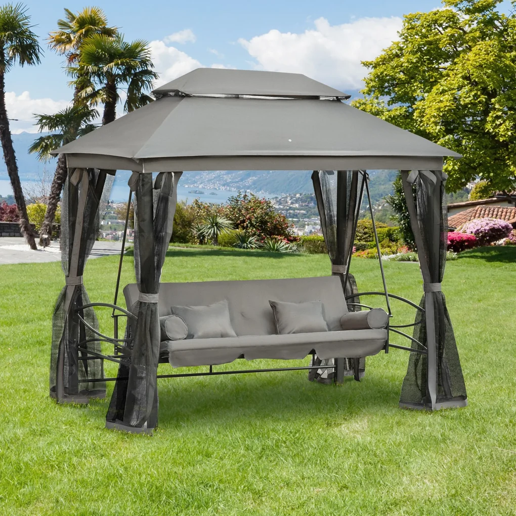 Outsunny Balansoar 3 Posti si Sezlong cu Copertina tip Foisor cu Plasa Impotriva Tantarilor si Perne, Gri Inchis 256x172x248cm