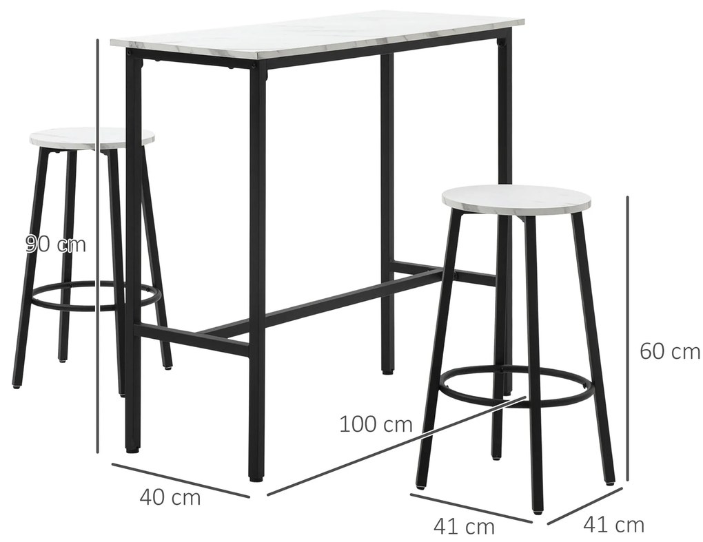 HOMCOM Set Masă și 2 Scaune de Bar din PAL, MDF și Oțel, 100x40x90 cm, Alb și Negru | Aosom Romania