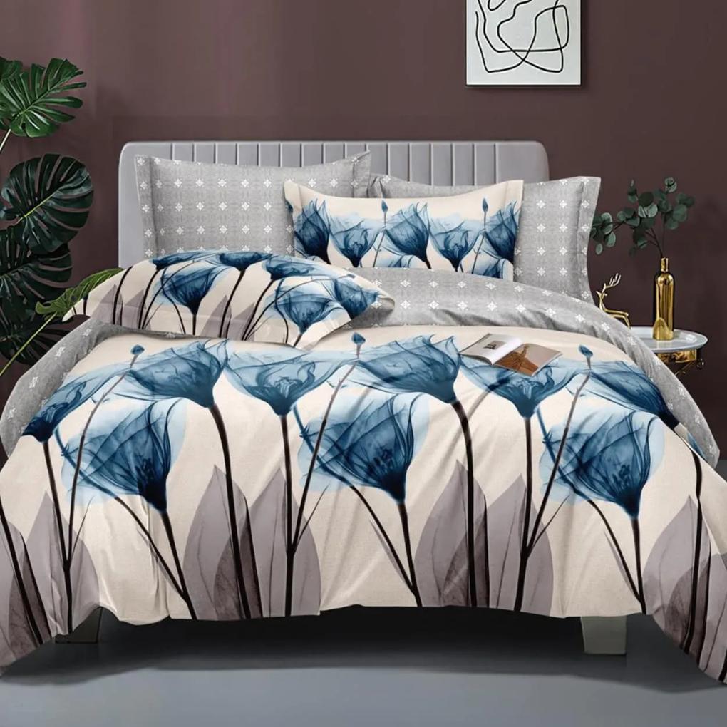 Lenjerie de pat cu elastic, policoton, pat 2 persoane, albastru, 4 piese, E-42