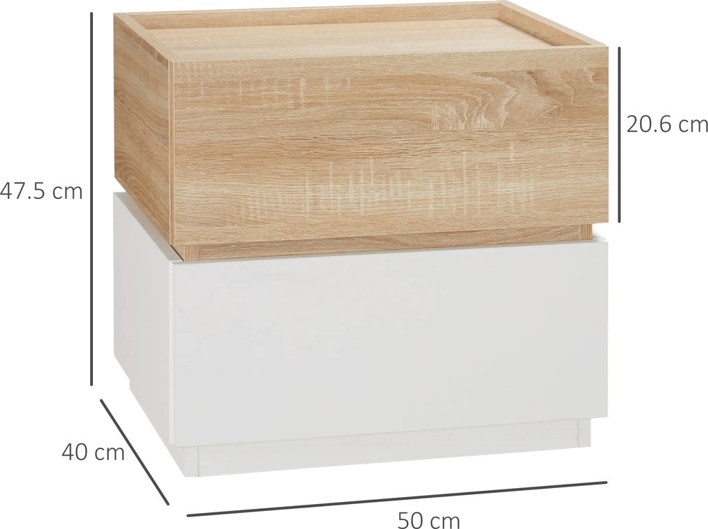 HOMCOM Bedside Table with 2 Stackable Drawers, Modern Nightstand, End Table for Bedroom, Living Room, Nature Wood and White | Aosom Romania