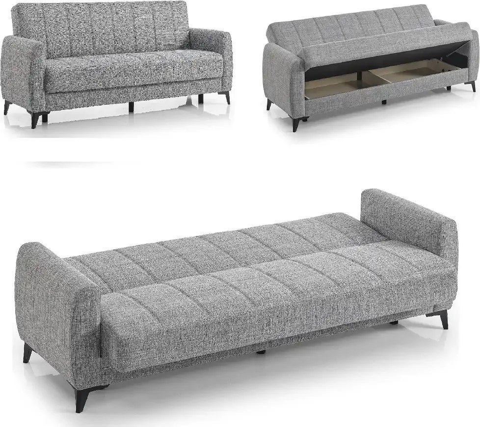Canapea extensibila cu lada de depozitare living 215x85x90 cm – stofă, gri – Hilton