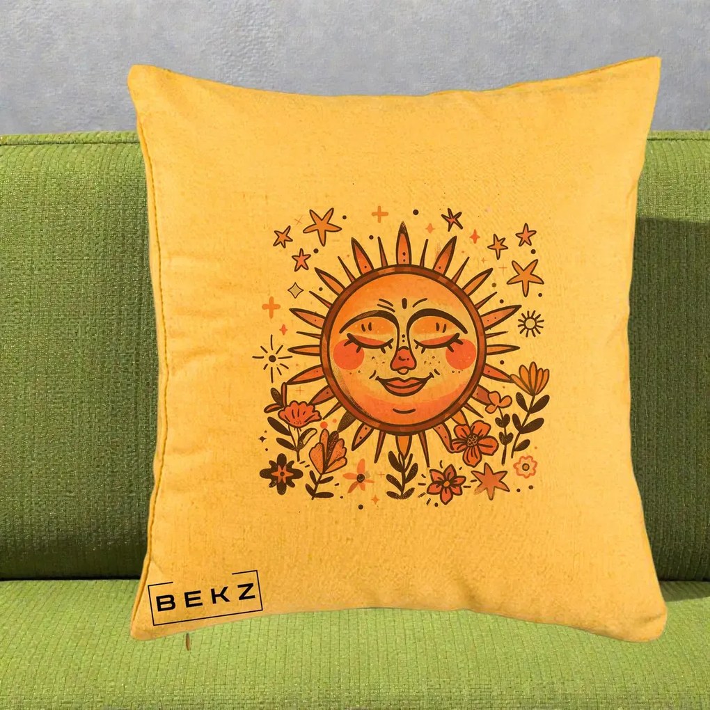 Perna Decorativa Soare Retro Boho Floral, 40x40 cm, Galben, Husa Detasabila, Perna Inclusa, BEKZ®