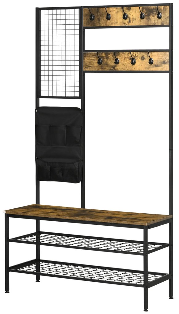 HOMCOM Garderobă în Design Industrial, 1 Tablă Mesaje, 1 Scaun, 8 Cârlige, 1 Geantă de Depozitare, Negru + Maro | Aosom Romania