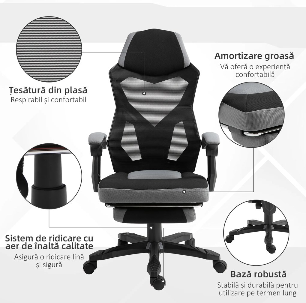 Vinsetto Scaun de Birou Ergonomic Reclinabil cu Suport Picioare Retractabil, Gri | Aosom Romania