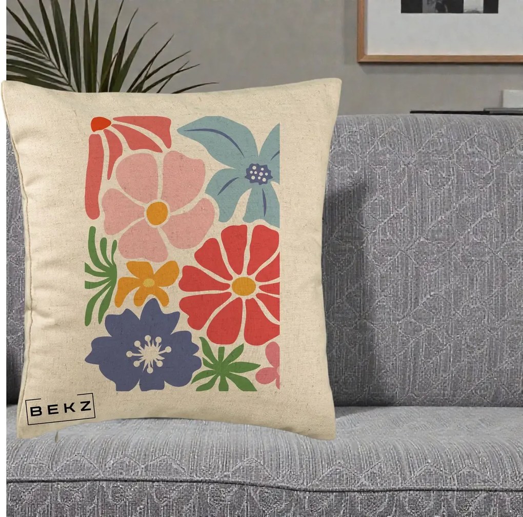 Perna Decorativa Flori Grafice Roz-Rosu-Albastru, 40x40 cm, Bej, Husa Detasabila, Perna Inclusa, BEKZ®