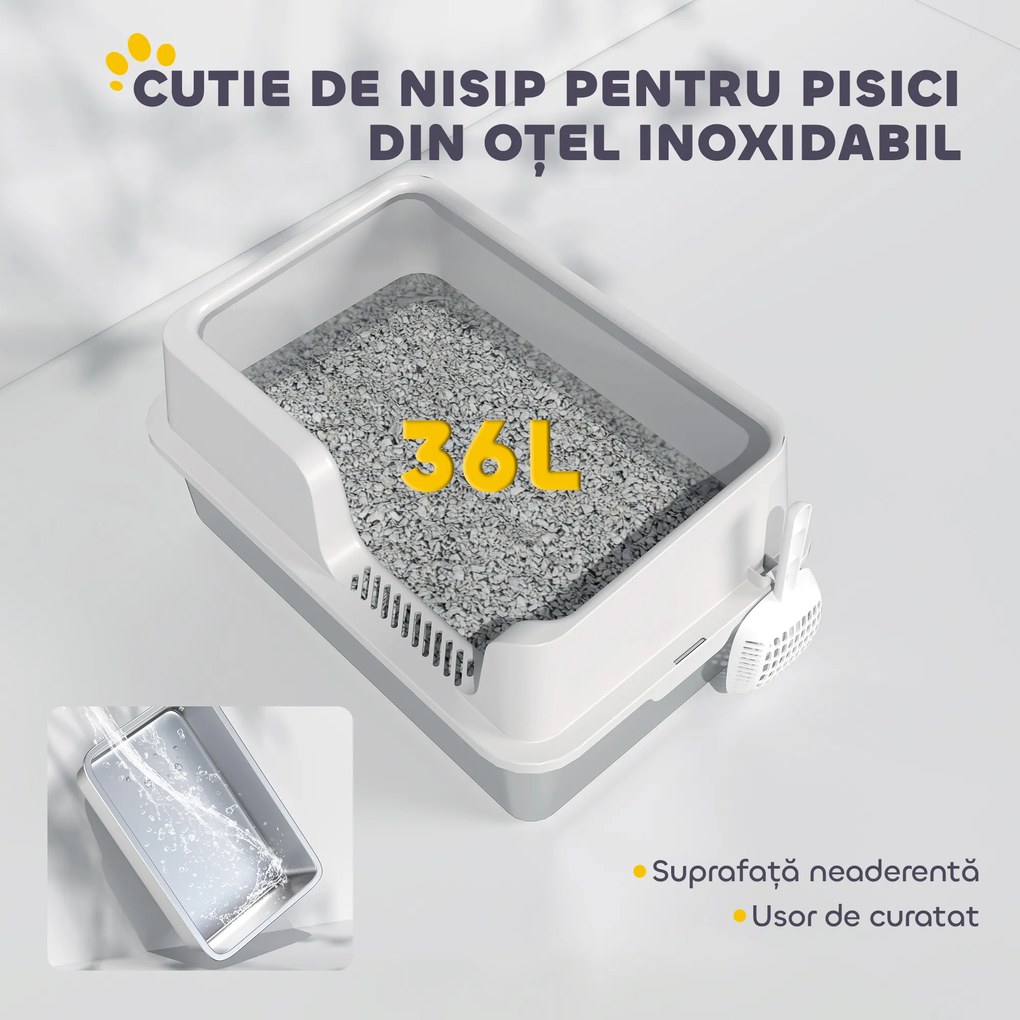 PawHut Litieră Inox, Bord Detasabil, Antimiros | Aosom Romania