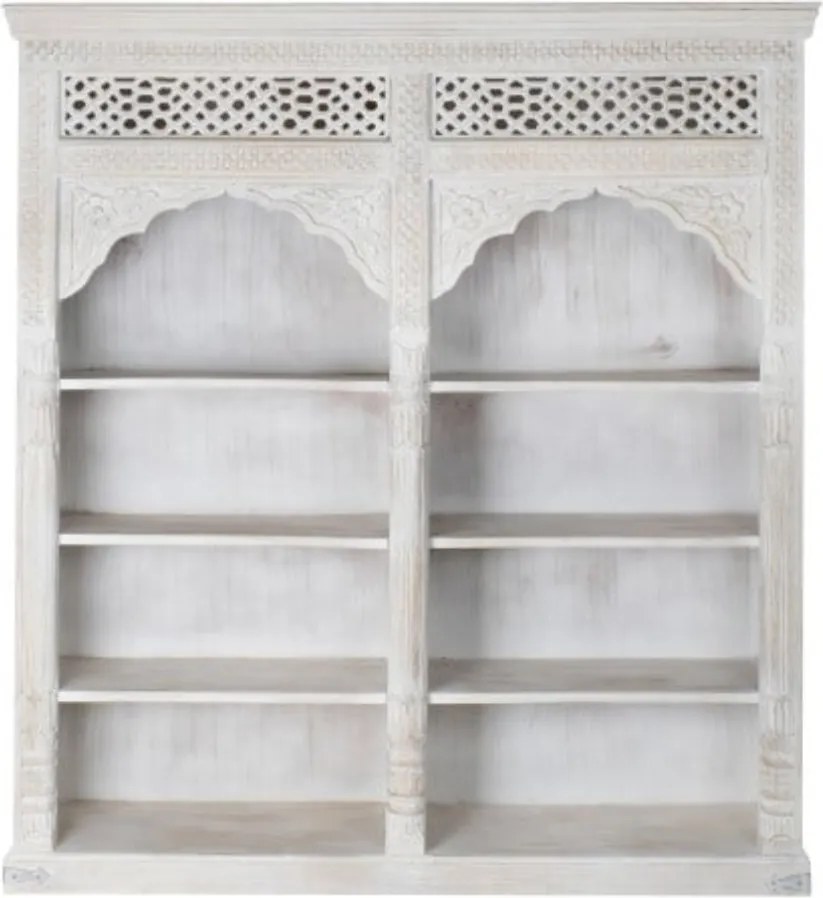 Bibliotecă sculptată din lemn masiv de mango, finisaj alb antichizat, 6 rafturi deschise, 180×40×200 cm, „Maharaja"