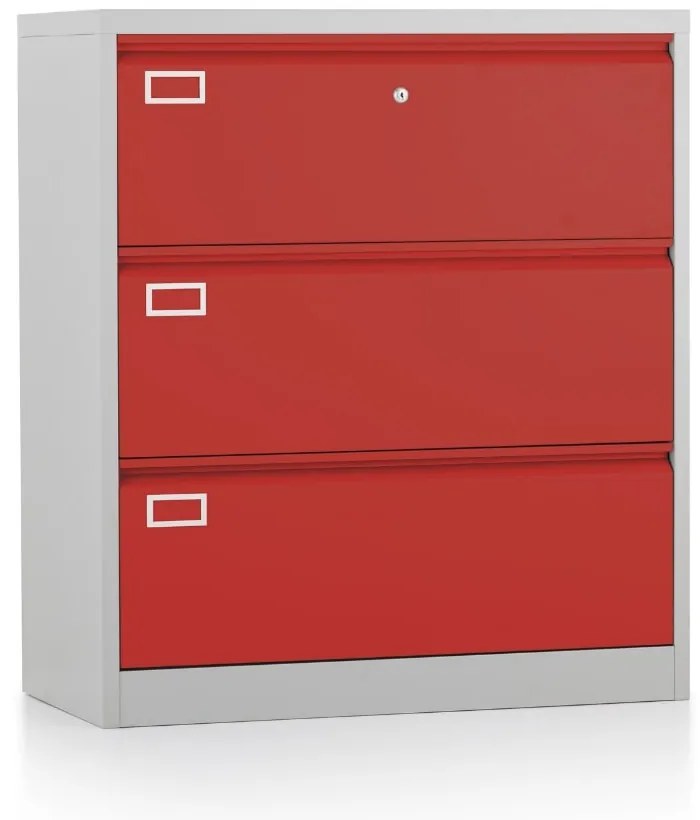 Dosar metalic cu două rânduri A4 - 3 sertare, 90 x 45 x 102 cm, încuietoare cu cilindru, roșu - ral 3000