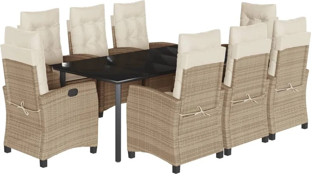 vidaXL Set de masă pentru grădină, 9 piese, cu perne, bej, poliratan