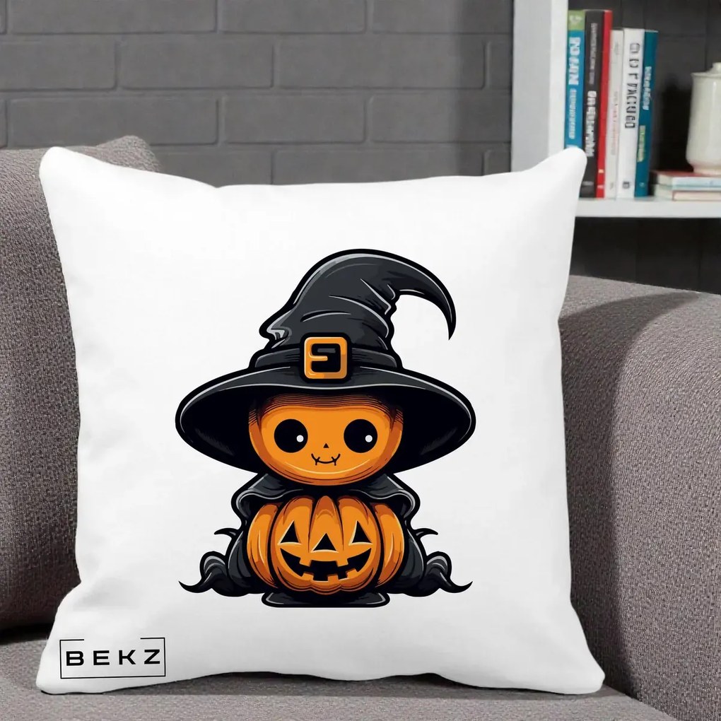 Perna Decorativa Halloween Dovleac Vrajitor Kawaii, 40x40 cm, Alba Mata, Husa Detasabila, Perna Inclusa, BEKZ®