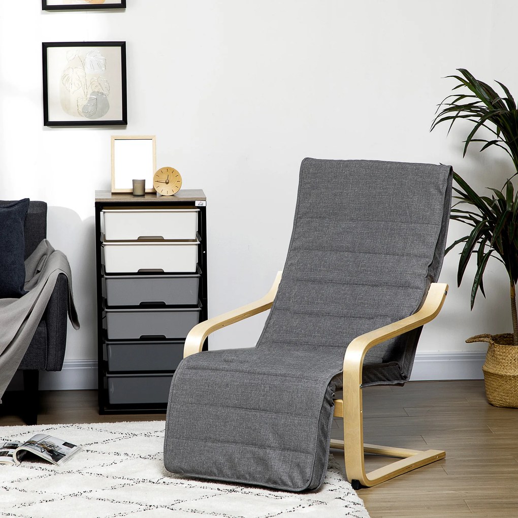 HOMCOM Fotoliu Relax cu Suport picioare pe 5 Niveluri si Tetiera, Fotoliu Ergonomic din Lemn de Mesteacan si Tesut, Gri