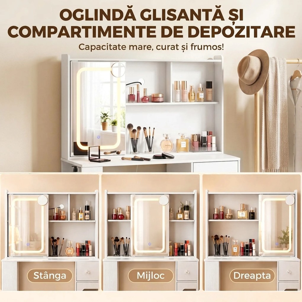 HOMCOM Masă de Toaletă cu Oglindă Glisantă, Lumini LED și Sertar, Alb | Aosom Romania