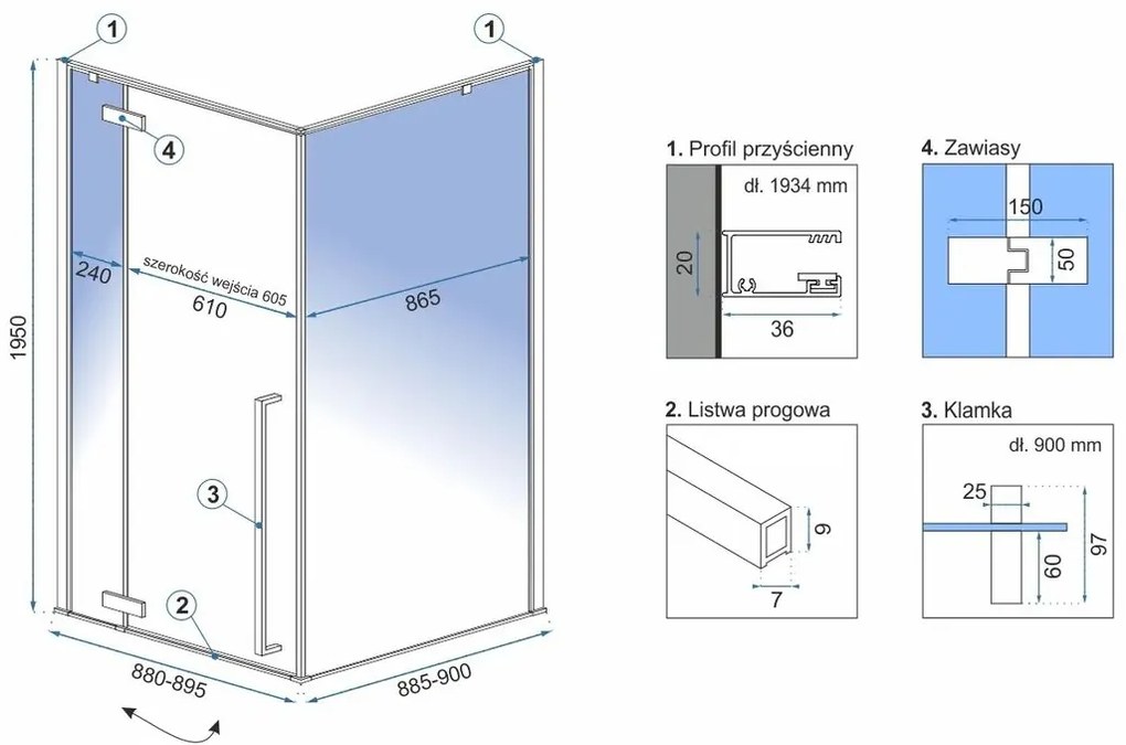 Cabina de dus Fargo cu cadita neagra 90x90 auriu