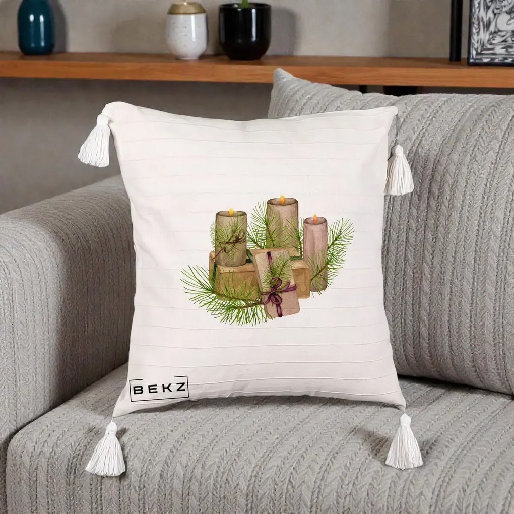 Perna Decorativa Lumanari cu Cadouri Naturale, 40x40 cm, Bej cu Franjuri, Husa Detasabila, Perna Inclusa, BEKZ®