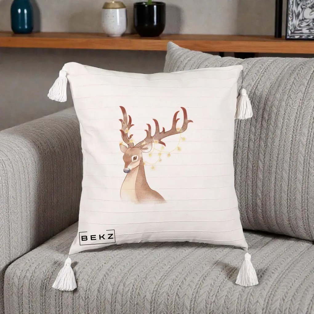 Perna Decorativa Ren cu Luminite de Craciun, 40x40 cm, Bej cu Franjuri, Husa Detasabila, Perna Inclusa, BEKZ®