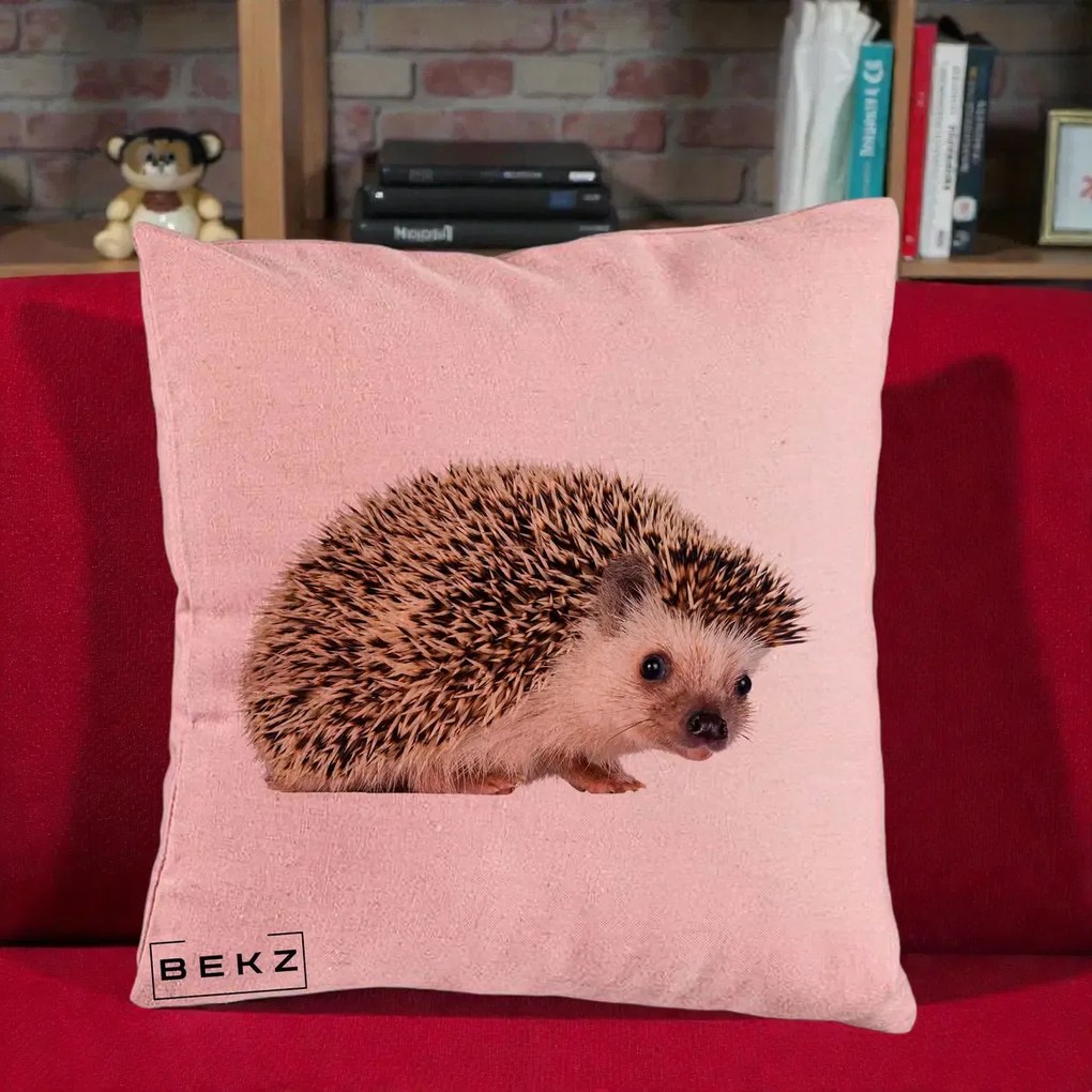 Perna Decorativa Arici Fotorealist, 40x40 cm, Roz, Husa Detasabila, Perna Inclusa, BEKZ®