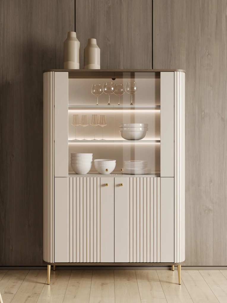 Vitrină Vesper 103 cm cu 4 uși - cașmir / nuc / picioare aurii