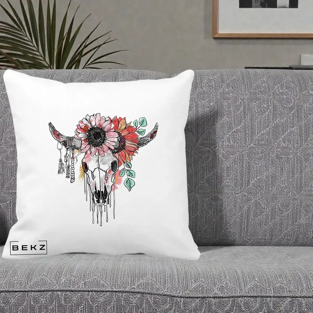 Perna Decorativa Craniu Boho Floral, 40x40 cm, Alba Mata, Husa Detasabila, Perna Inclusa, BEKZ®