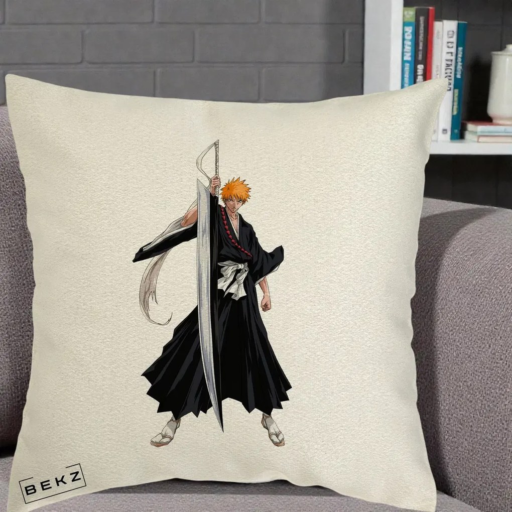 Perna Personalizata Bleach Ichigo Kurosaki Zangetsu, 40x40 cm, Ecru, Husa Detasabila, Perna Inclusa, BEKZ®