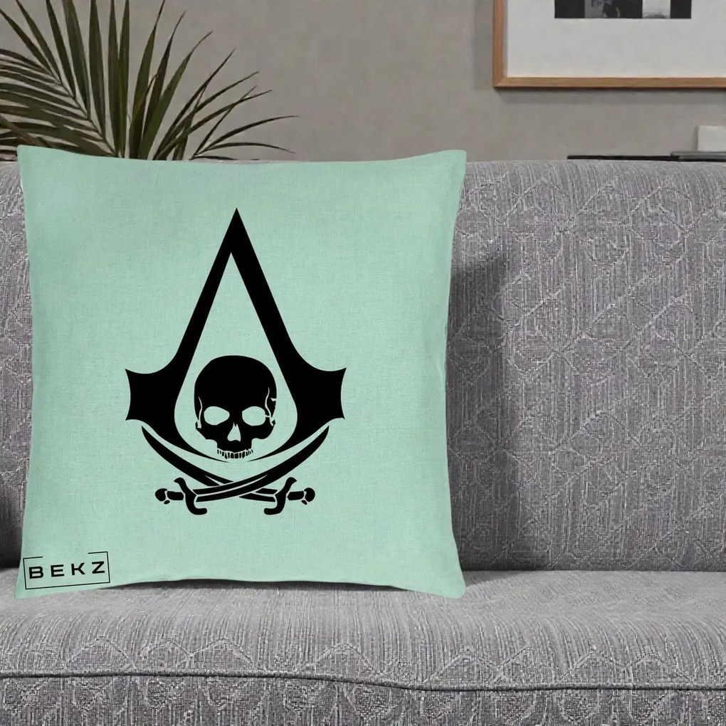 Perna Personalizata Assassin's Creed Black Flag Skull, 40x40 cm, Verde Menta, Husa Detasabila, Perna Inclusa, BEKZ®