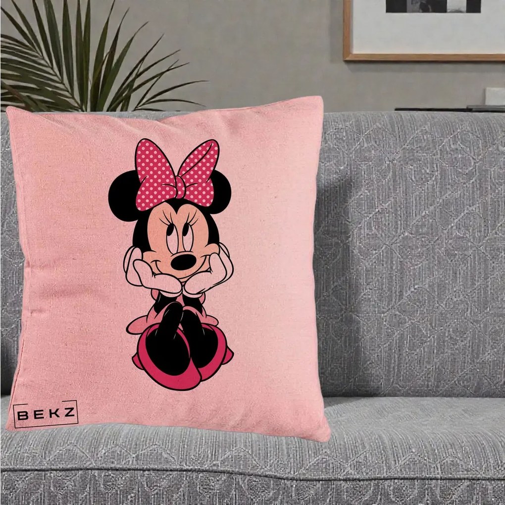 Perna Personalizata Minnie Mouse cu Fundita, 40x40 cm, Roz, Husa Detasabila, Perna Inclusa, BEKZ®