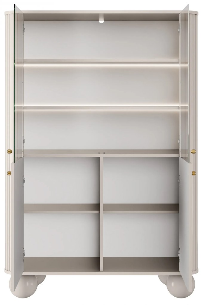 Vitrină Vesper 103 cm cu 4 uși - cașmir / mânere aurii / picioare sferice