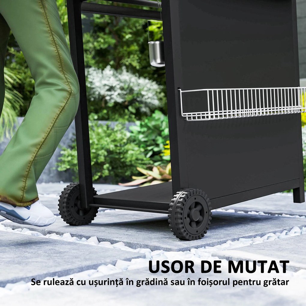 Outsunny Grătar pe Gaz cu Arzătoare Independente 3+1, Capac, Termometru și Măsuță Laterală, 123x57x98 cm, Negru | Aosom Romania