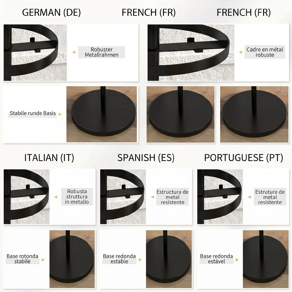 HOMCOM Suport pentru Haine și Umbrele, Cuier Independent cu 8 Carlige Rotunde pentru Haine, Pălării și Poșete, Φ34x177 cm, Negru | Aosom Romania