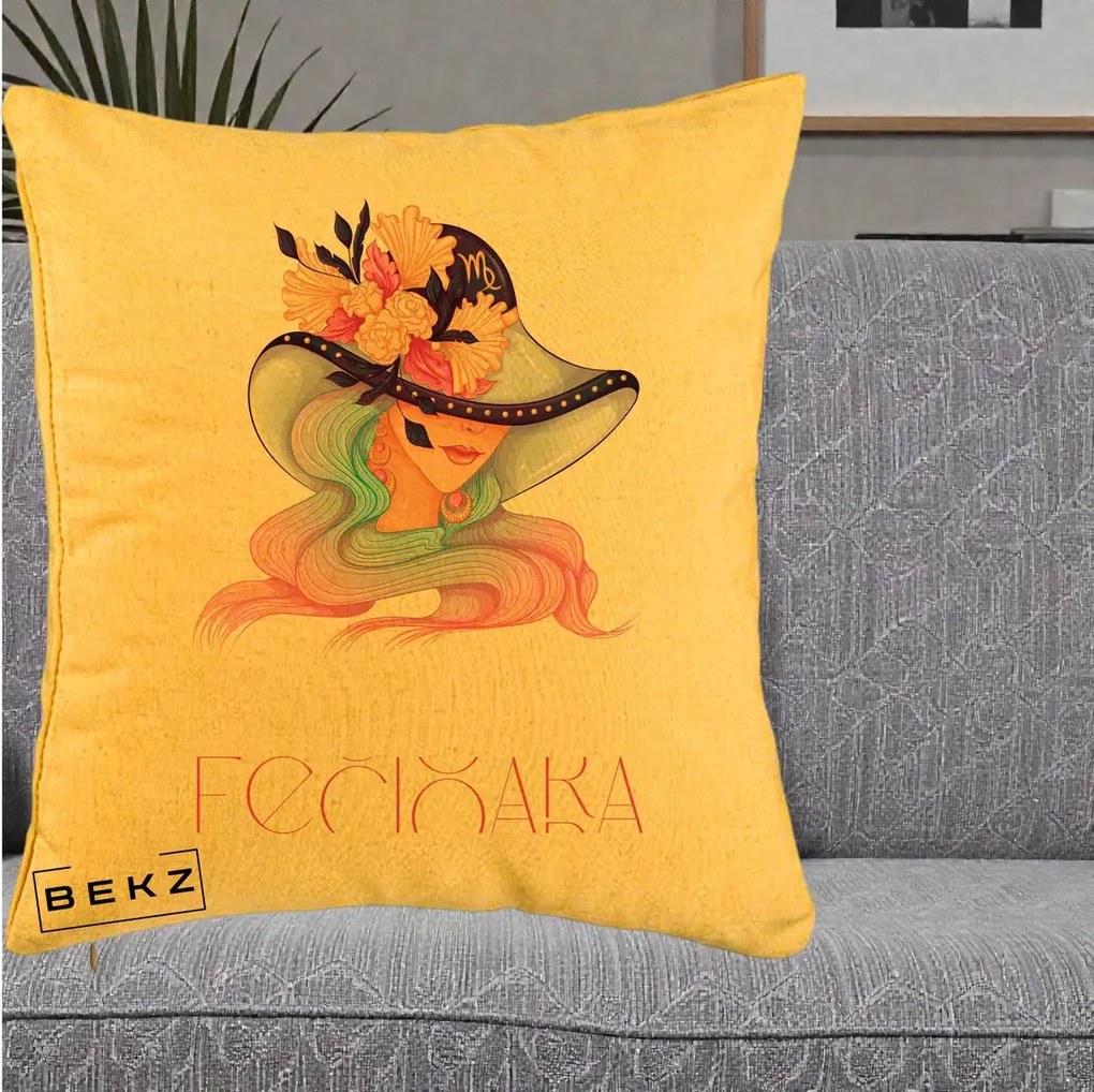 Perna Personalizata Zodie Fecioara, 40x40 cm, Galben, Husa Detasabila, Perna Inclusa, BEKZ®