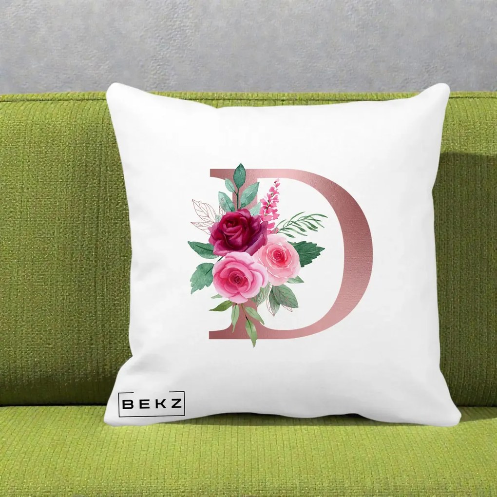 Cadou Personalizat - Perna Personalizata Monograma Rose Gold Litera D, 40x40 cm, Alba Mata, Husa Detasabila, Perna Inclusa, BEKZ®
