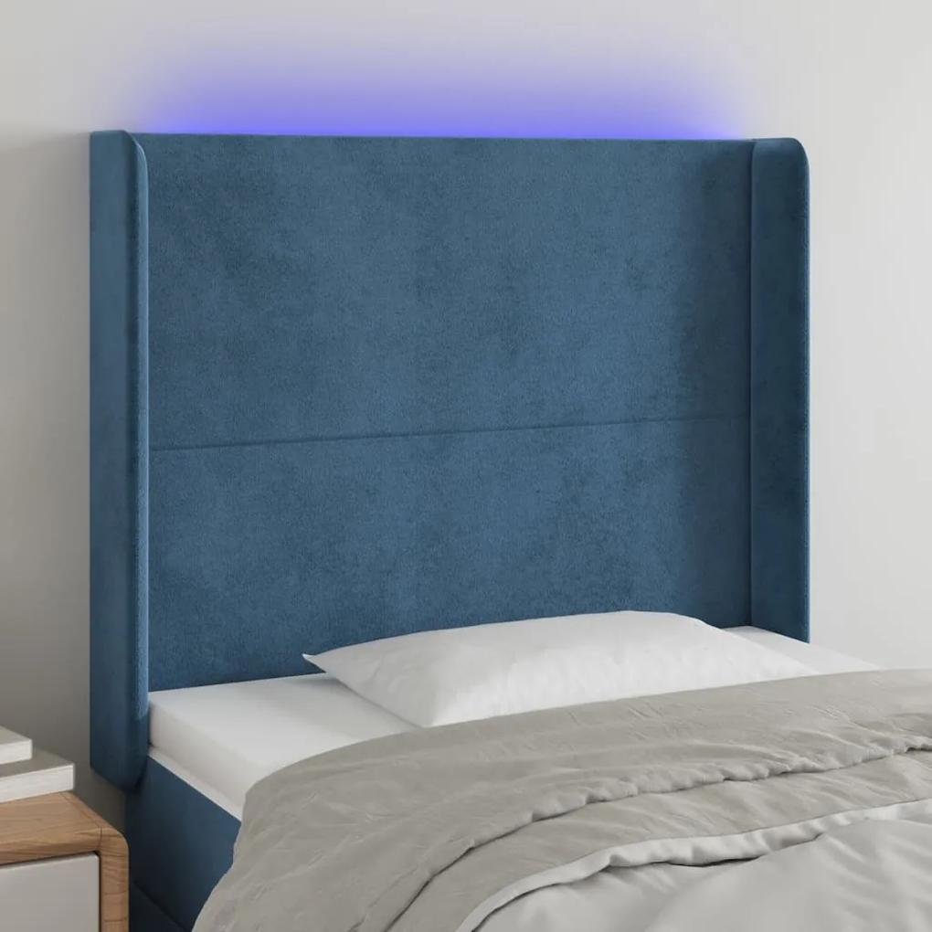 3123808 vidaXL Tăblie de pat cu LED, albastru închis, 93x16x118/128cm, catifea