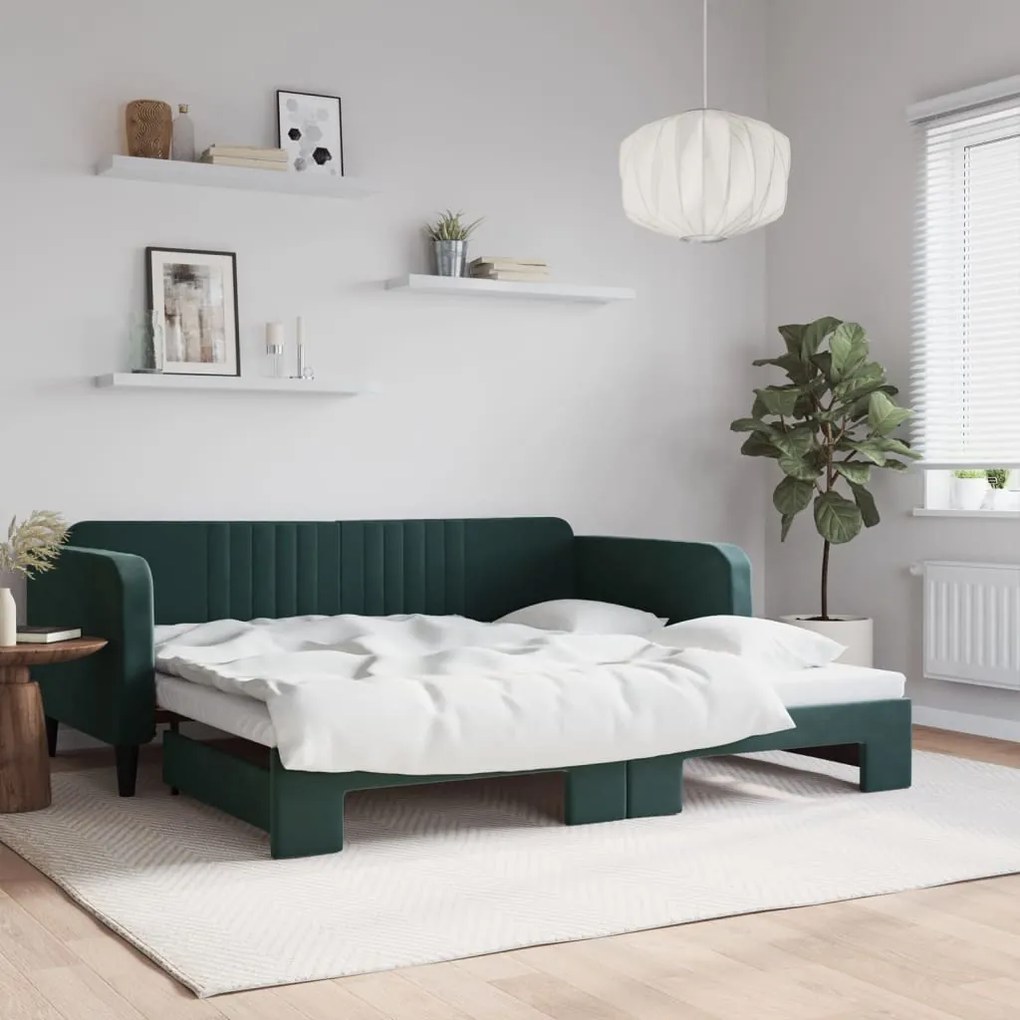 3197072 vidaXL Pat de zi cu extensie, verde închis, 100x200 cm, catifea